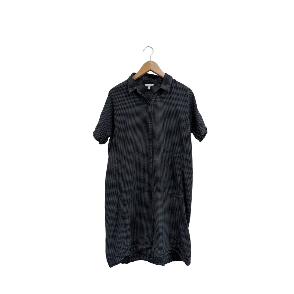 Eileen Fisher Organic Linen Gingham Shirt Dress Black Grey XS Pockets